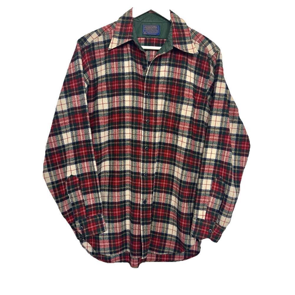 PENDLETON vintage mens M Red Plaid  100% Wool Shirt Long Sleeve